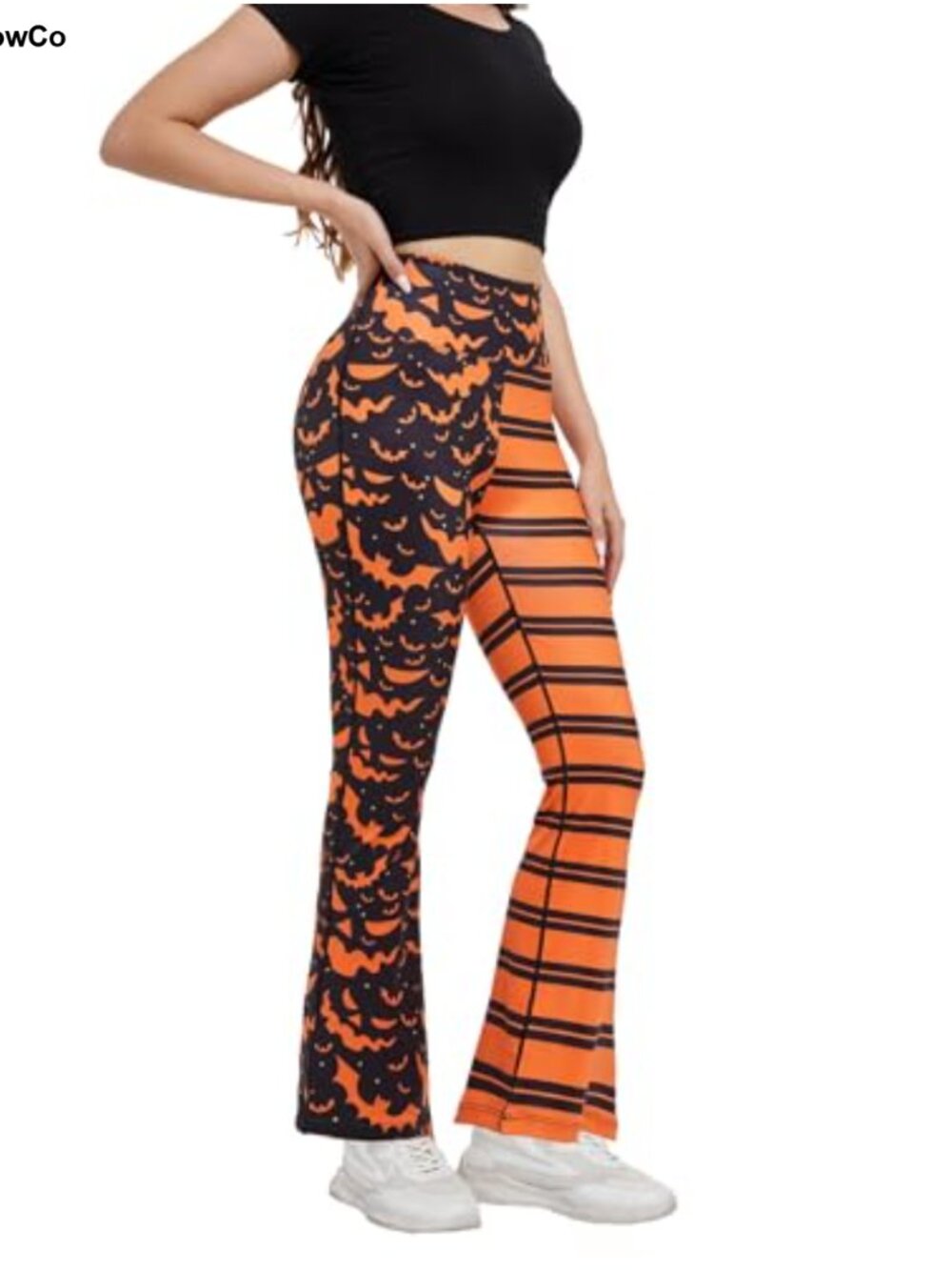 Flared High Waist Yoga Leggings with Bat Pattern, Stretchy Knit, No Pockets